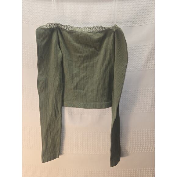 Harper & Ivy Off Shoulder Shirt Womens Size Xs Green Long Sleeve Lace Trim Green - Picture 5 of 6